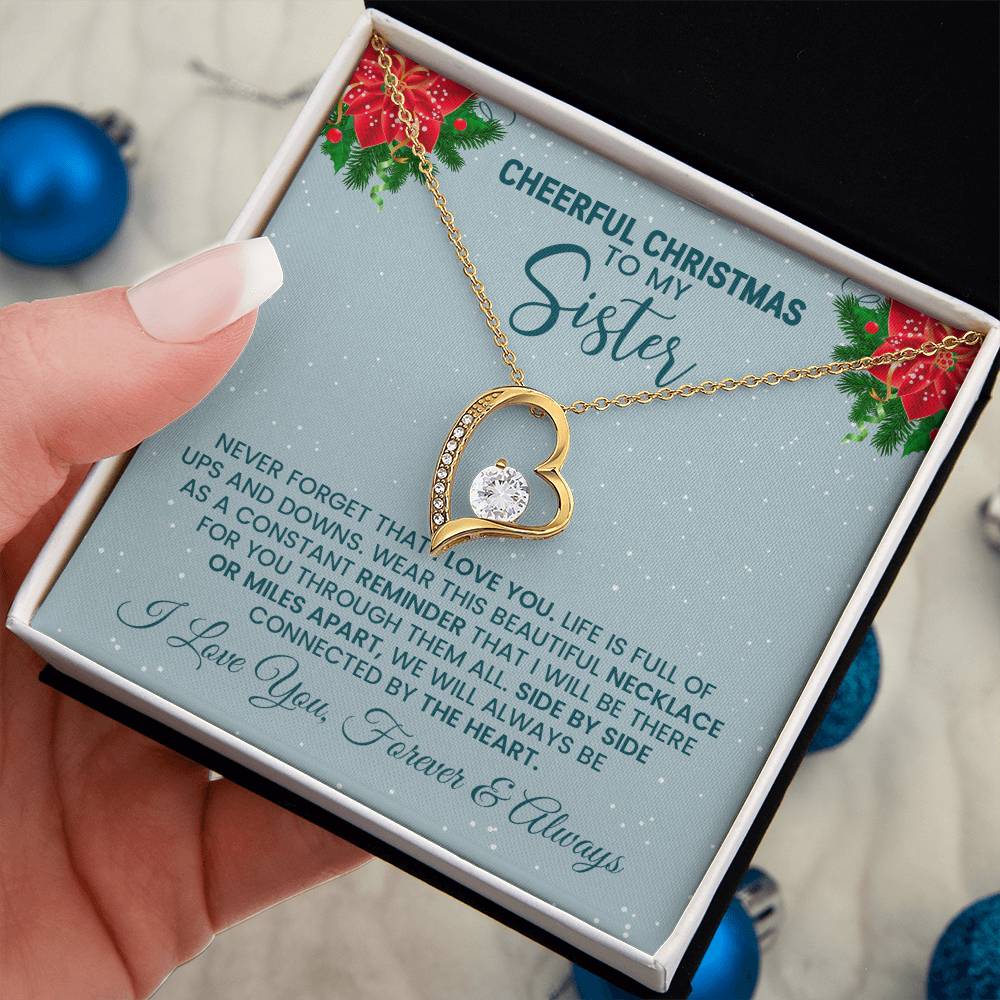 Christmas Necklace for Sister – Cheerful Christmas Message Card Gift, Heart Pendant Jewelry for Sisters