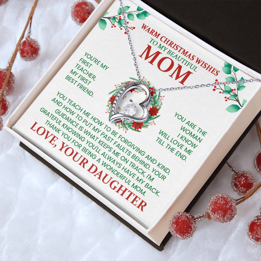 Warm Christmas Wishes Mom Necklace – Heart Pendant Christmas Gift from Daughter
