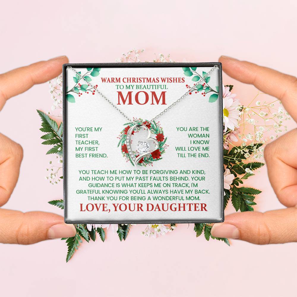 Warm Christmas Wishes Mom Necklace – Heart Pendant Christmas Gift from Daughter