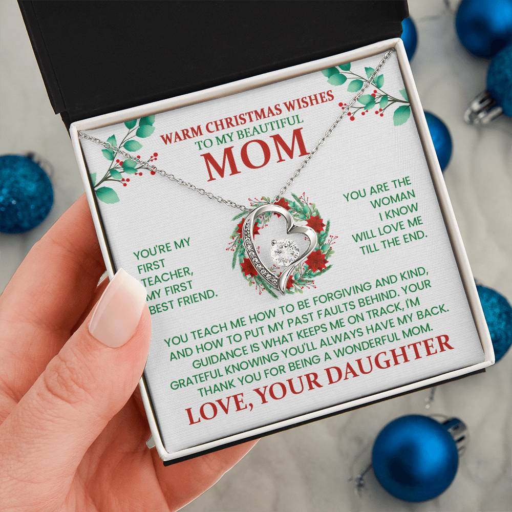 Warm Christmas Wishes Mom Necklace – Heart Pendant Christmas Gift from Daughter
