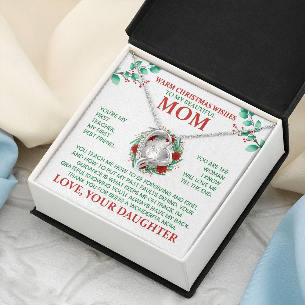 Warm Christmas Wishes Mom Necklace – Heart Pendant Christmas Gift from Daughter