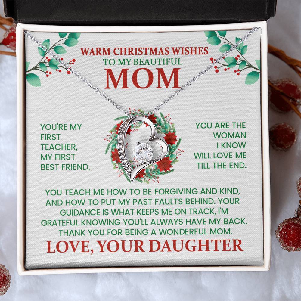 Warm Christmas Wishes Mom Necklace – Heart Pendant Christmas Gift from Daughter