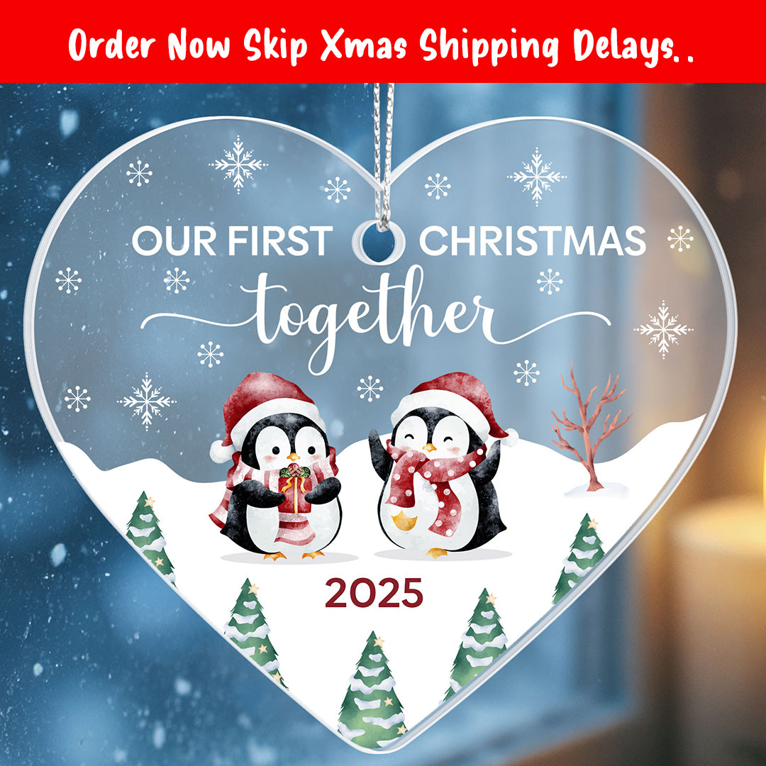 Personalized First Christmas Heart Ornament – Cute Penguin Couple, Custom Year