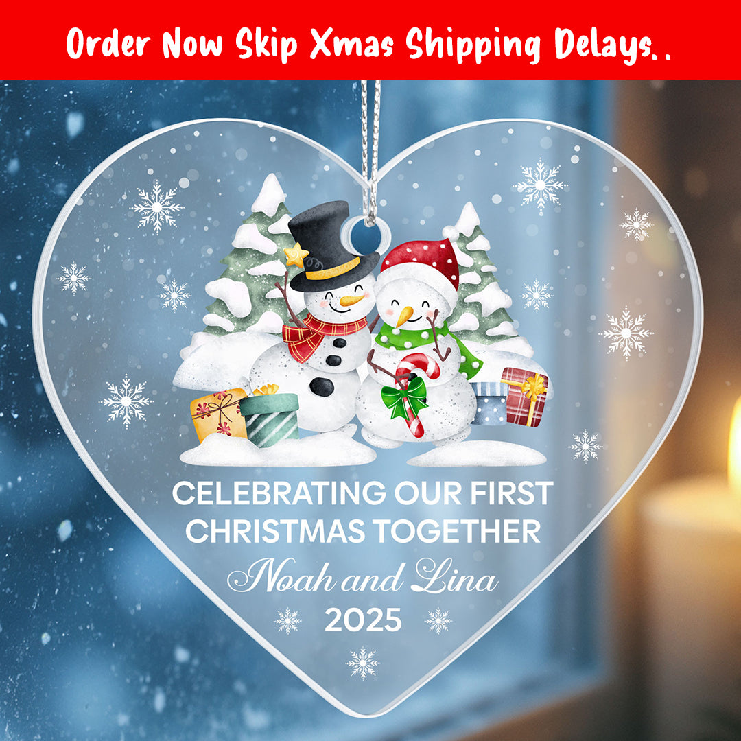 Personalized First Christmas Heart Ornament – Snowman Couple, Custom Name & Year