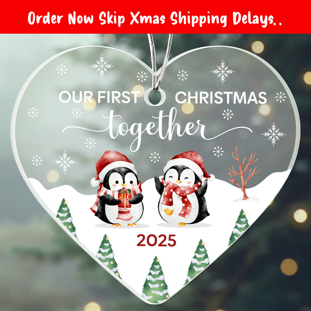 Personalized First Christmas Heart Ornament – Cute Penguin Couple, Custom Year