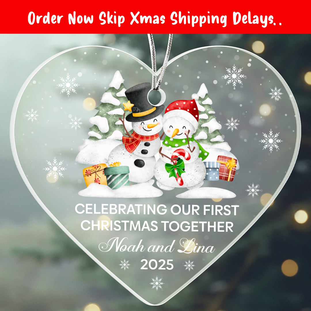 Personalized First Christmas Heart Ornament – Snowman Couple, Custom Name & Year