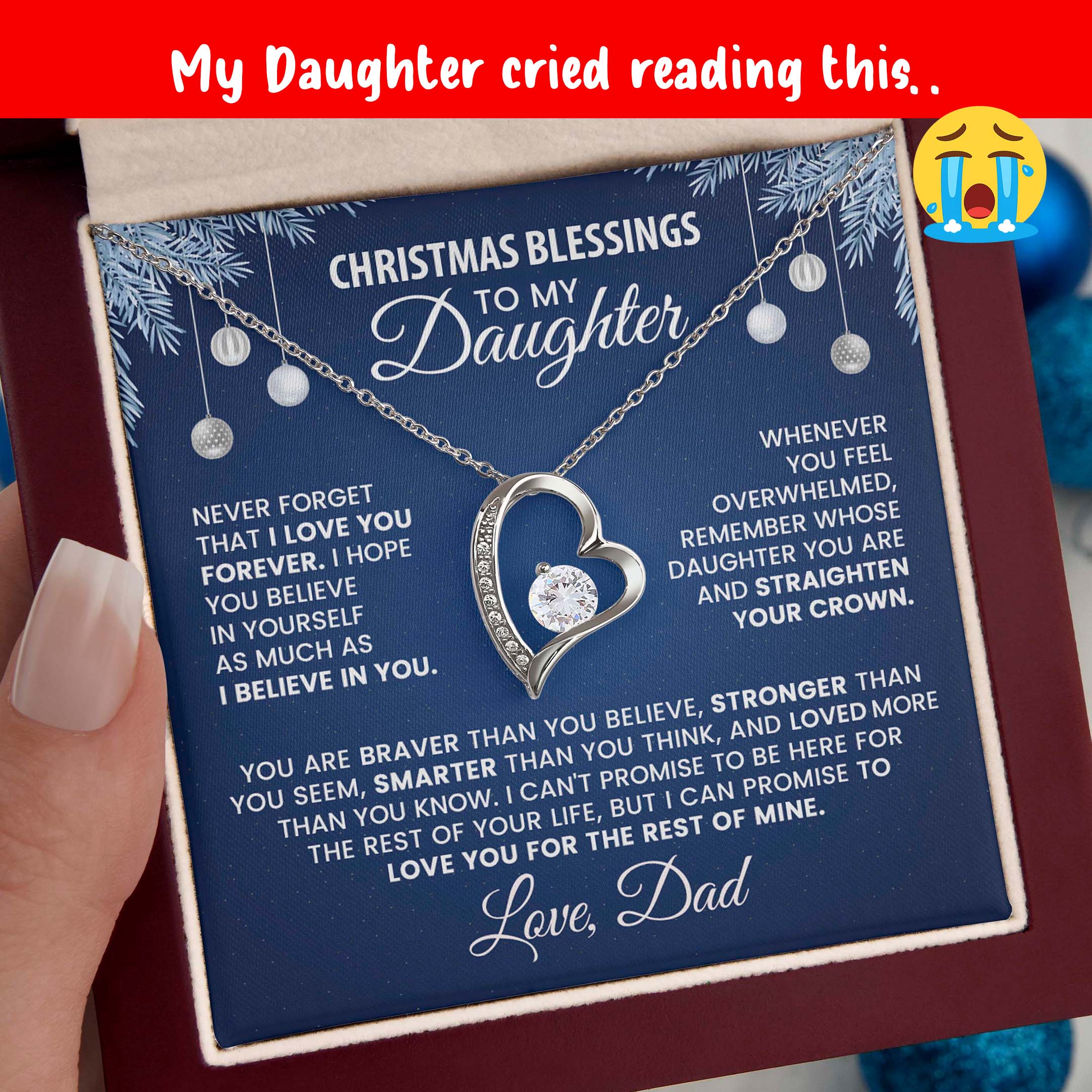 Christmas Blessings Daughter Necklace from Dad – Heart Pendant with Inspirational Message Card
