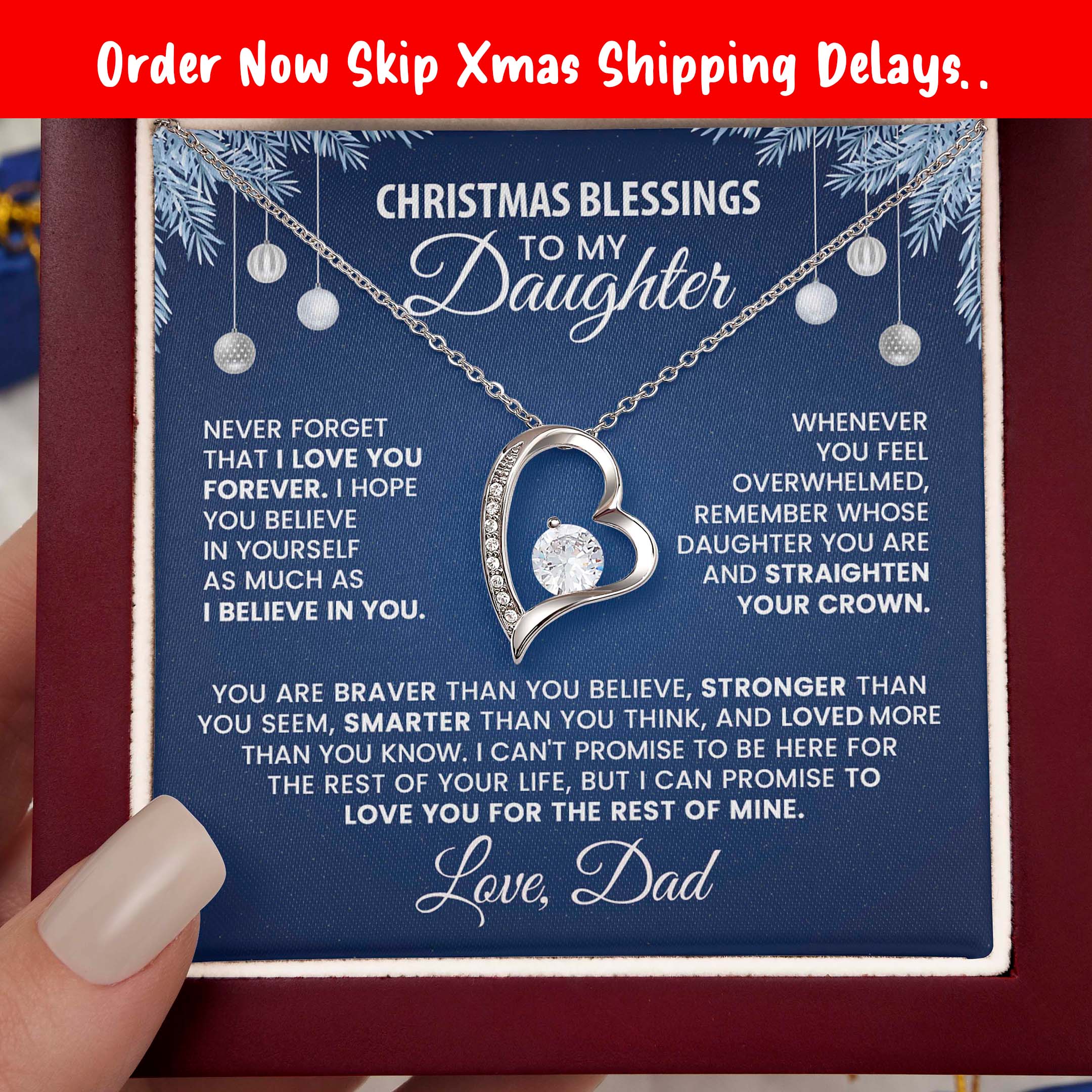 Christmas Blessings Daughter Necklace from Dad – Heart Pendant with Inspirational Message Card