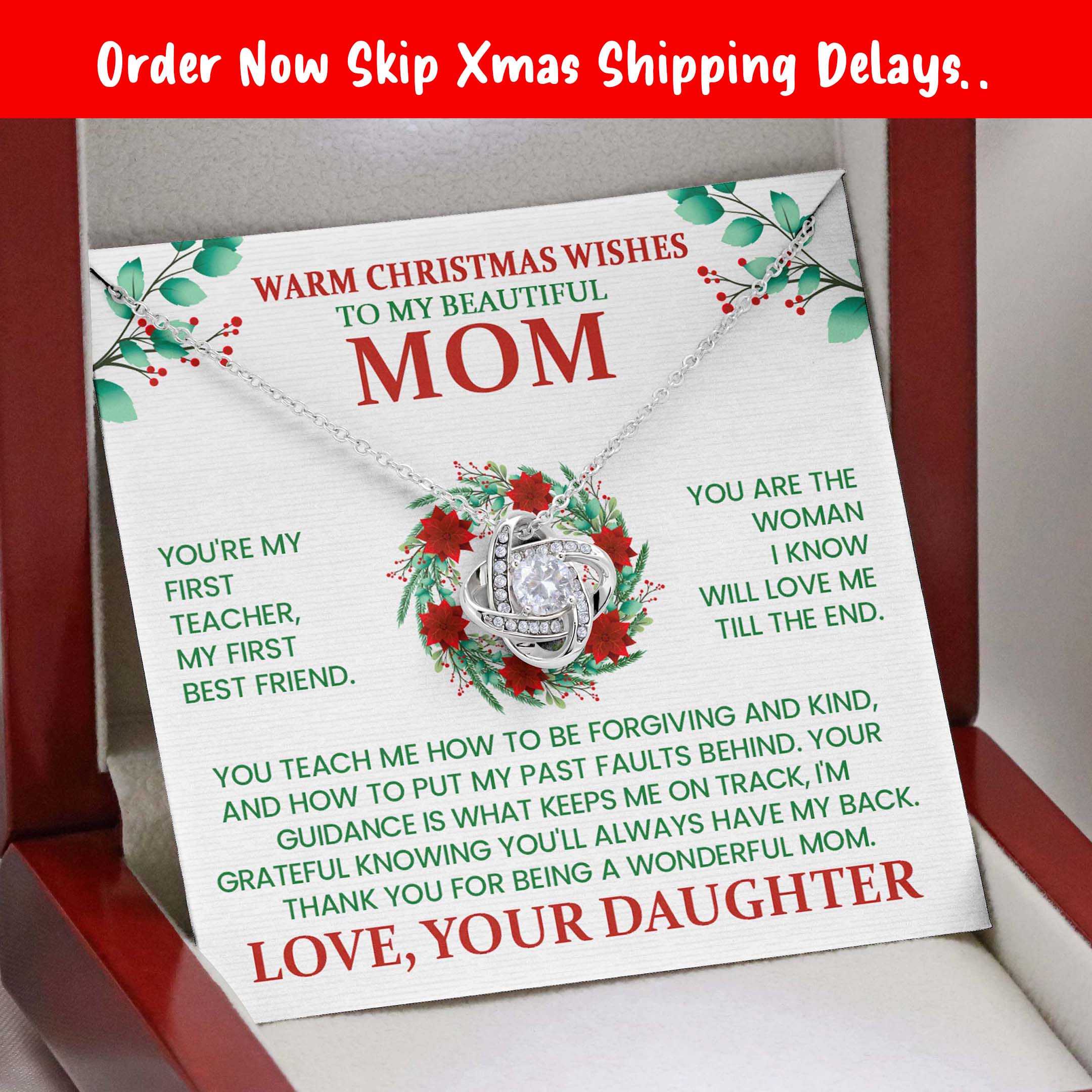 Christmas Necklace Gift for Mom from Daughter – Warm Christmas Wishes Message Card Jewelry | Holiday Gift for Mother