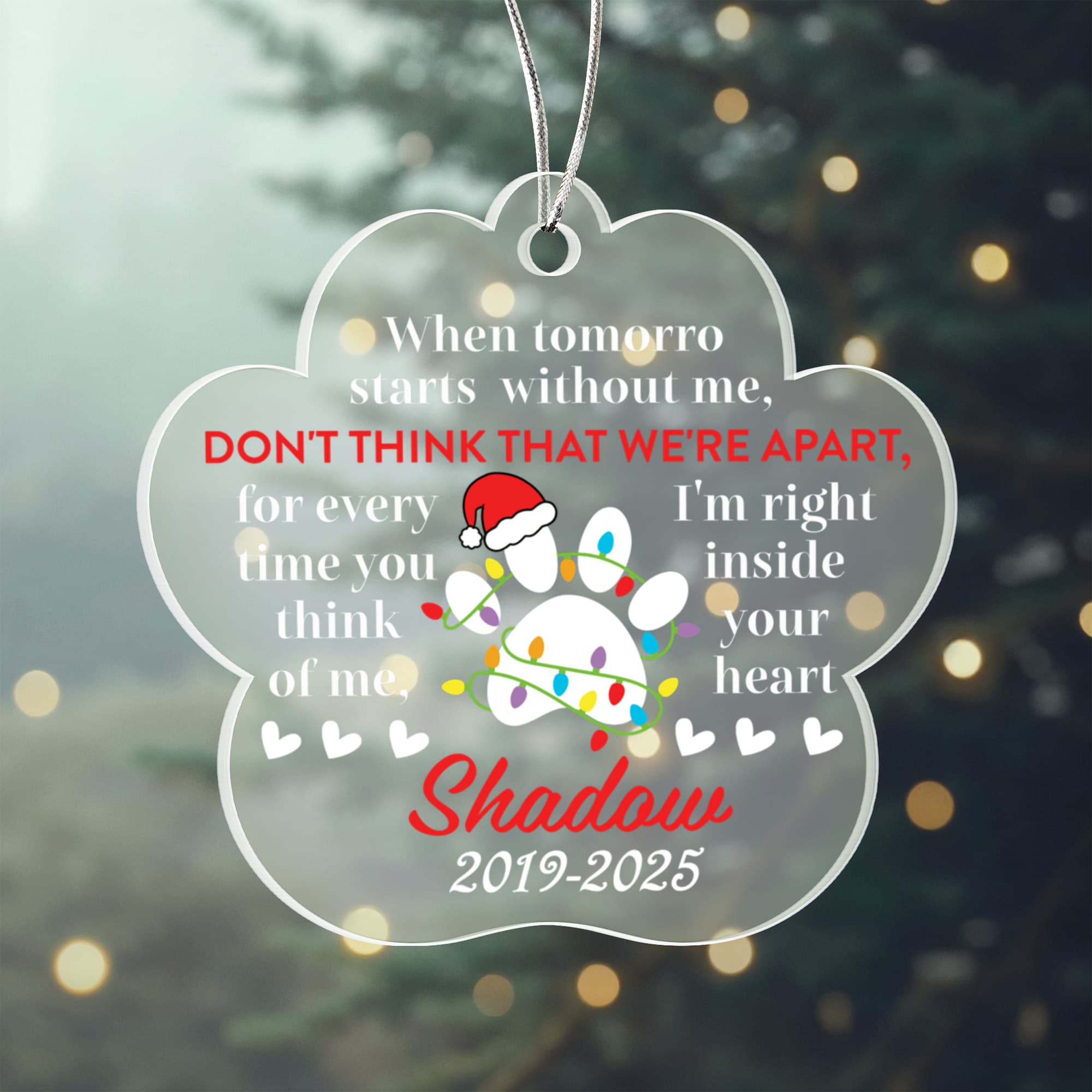 Clear acrylic paw remembrance ornament