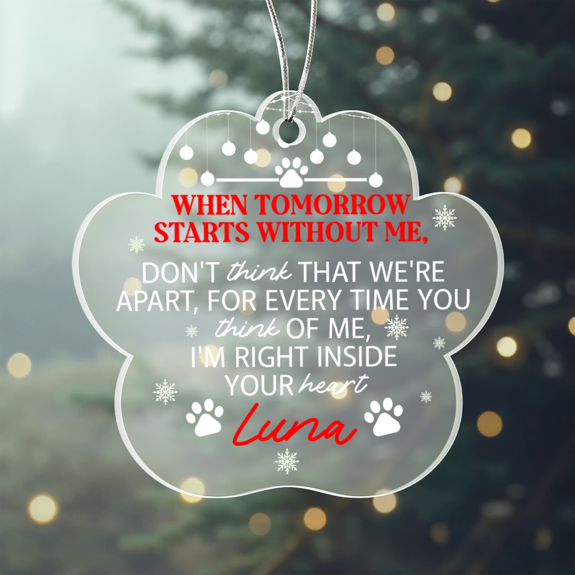 Clear acrylic pet remembrance ornament with poem