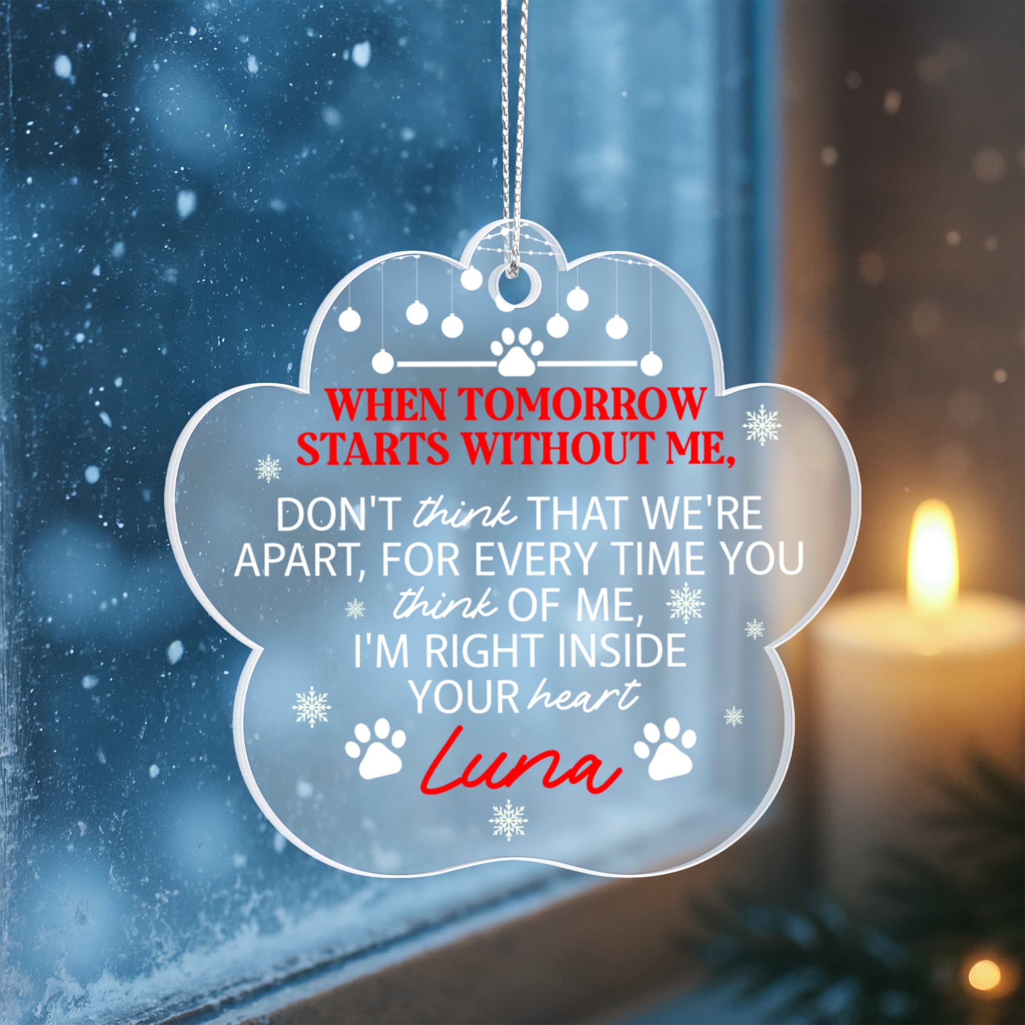 Dog or cat memorial paw ornament with winter background