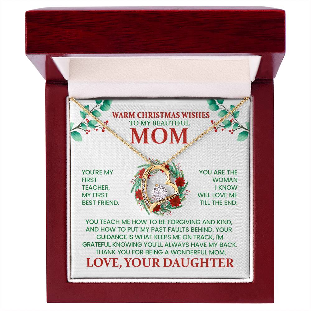 Warm Christmas Wishes Mom Necklace – Heart Pendant Christmas Gift from Daughter