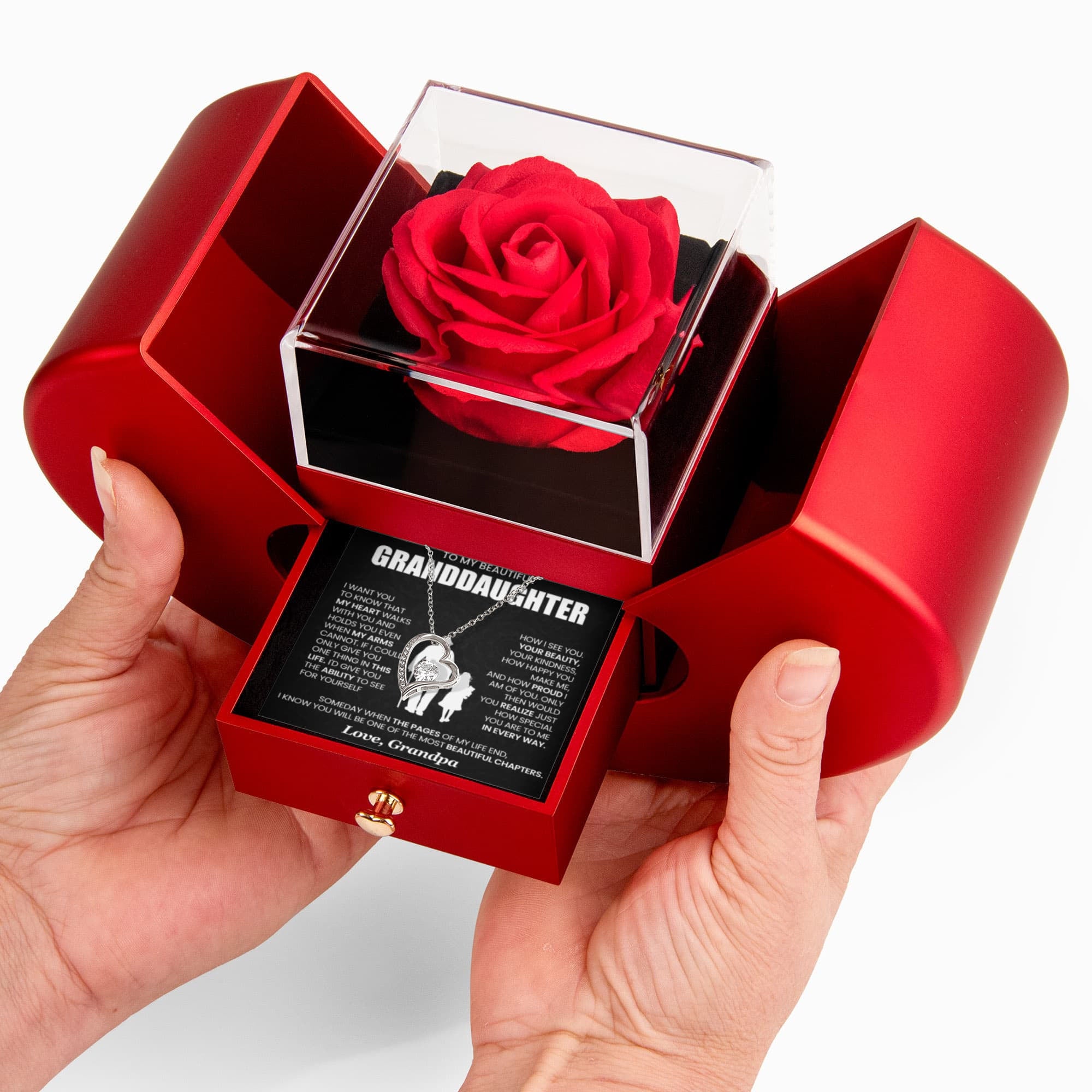 To My Beautiful Granddaughter Forever Love Necklace with Red Heart Rose Box