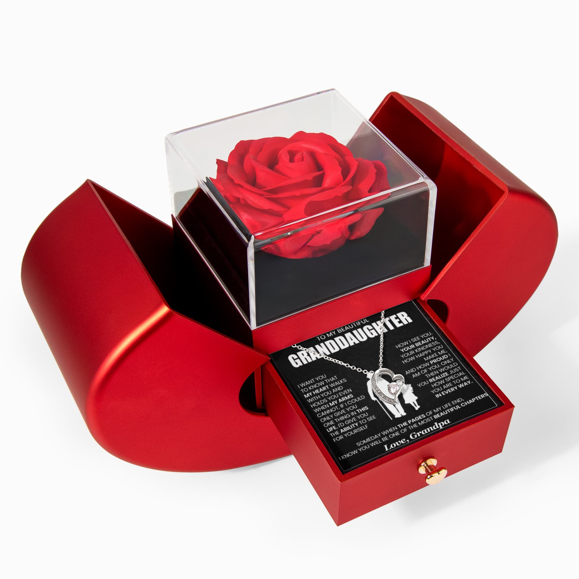 To My Beautiful Granddaughter Forever Love Necklace with Red Heart Rose Box